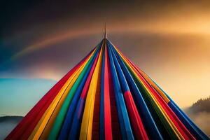 een regenboog is gezien in de lucht bovenstaand een kleurrijk tent. ai-gegenereerd foto