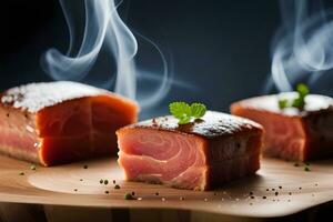 drie stukken van gerookt Zalm Aan een houten snijdend bord. ai-gegenereerd foto