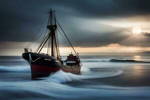 een boot in de oceaan met golven en zon. ai-gegenereerd foto