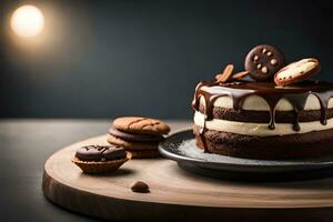 een chocola taart met koekjes en room Aan een houten bord. ai-gegenereerd foto