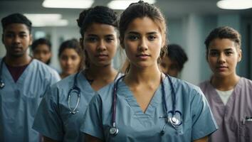 portret van een jong verpleging leerling staand met haar team in ziekenhuis, gekleed in schrobben, dokter intern . medisch concept. ai gegenereerd foto