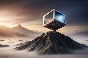 een kubus Aan top van een berg met mist. ai-gegenereerd foto