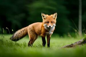 een rood vos staat in de gras. ai-gegenereerd foto