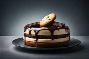 een chocola taart met koekjes en chocola motregen. ai-gegenereerd foto