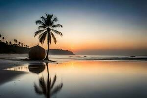 een palm boom is weerspiegeld in de water Bij zonsondergang. ai-gegenereerd foto