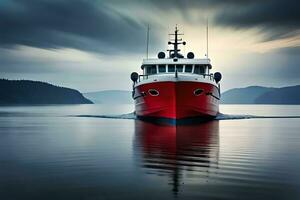 een rood boot is het zeilen Aan de water. ai-gegenereerd foto