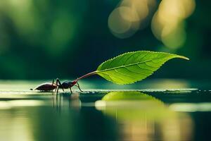 een klein mier draag- een blad Aan haar rug. ai-gegenereerd foto