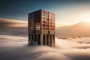 een hoog gebouw is omringd door wolken. ai-gegenereerd foto