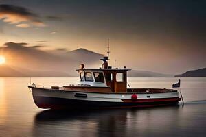 een boot is het zeilen Aan de water Bij zonsondergang. ai-gegenereerd foto