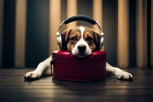een hond vervelend hoofdtelefoons houdende Aan een rood koffer. ai-gegenereerd foto