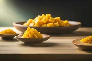 mango plakjes in kommen Aan een houten tafel. ai-gegenereerd foto