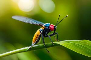 een dichtbij omhoog van een kleurrijk insect Aan een blad. ai-gegenereerd foto