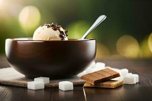 ijs room met chocola en suiker kubussen Aan houten tafel. ai-gegenereerd foto