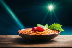 spaghetti met tomaat saus en vers basilicum Aan houten tafel met blauw licht achtergrond. ai-gegenereerd foto