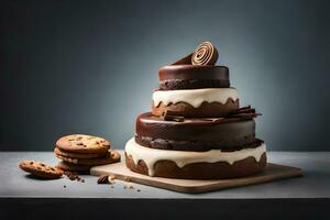 een chocola taart met koekjes en room Aan top. ai-gegenereerd foto