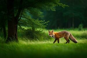 een vos is wandelen door een groen veld. ai-gegenereerd foto