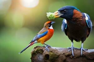 een vogel aan het eten een stuk van fruit van een Afdeling. ai-gegenereerd foto