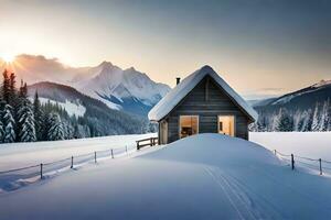 een cabine in de sneeuw met bergen in de achtergrond. ai-gegenereerd foto