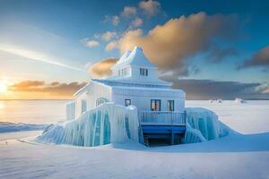 een huis gemaakt van ijs Aan de kust van een meer. ai-gegenereerd foto