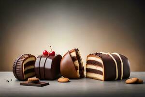 chocola taart met kers en noten Aan donker achtergrond. ai-gegenereerd foto