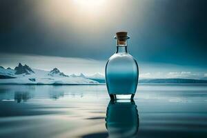 een fles van water zittend Aan de water met bergen in de achtergrond. ai-gegenereerd foto