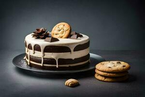een chocola taart met koekjes en suikerglazuur Aan een bord. ai-gegenereerd foto