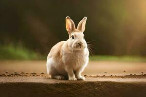 een wit konijn zittend Aan de grond. ai-gegenereerd foto