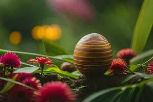 een Pasen ei is zittend in de midden- van sommige bloemen. ai-gegenereerd foto