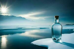 een fles van water zit Aan de ijs in voorkant van een berg. ai-gegenereerd foto