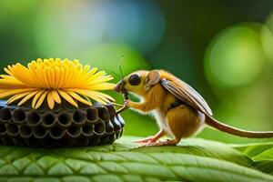 een klein muis is staand De volgende naar een bloem. ai-gegenereerd foto