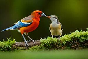 twee kleurrijk vogelstand staand Aan een Afdeling. ai-gegenereerd foto