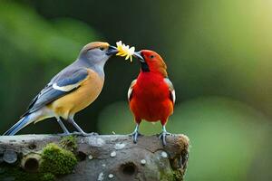 twee vogelstand zijn staand Aan een Afdeling met een bloem. ai-gegenereerd foto