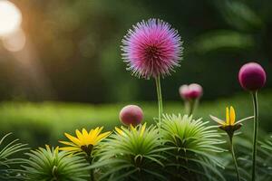 een bloem is in de voorgrond met de zon in de achtergrond. ai-gegenereerd foto