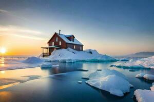 een huis zit Aan top van een ijsberg in de midden- van de oceaan. ai-gegenereerd foto