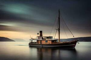 een boot is het zeilen Aan de water Bij zonsondergang. ai-gegenereerd foto