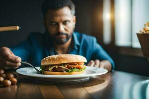 een Mens is aan het eten een hamburger en Patat. ai-gegenereerd foto