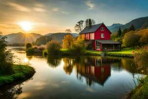 een rood huis zit Aan de rand van een meer Bij zonsondergang. ai-gegenereerd foto