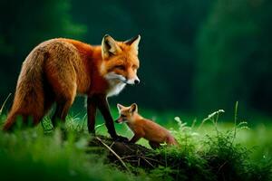 een moeder vos en haar welp in de gras. ai-gegenereerd foto