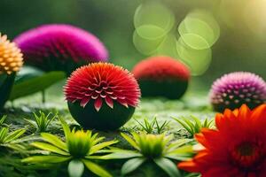 kleurrijk bloemen zijn in de gras. ai-gegenereerd foto