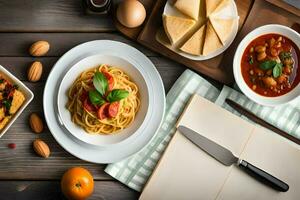 spaghetti, brood, kaas en andere voedsel Aan een tafel. ai-gegenereerd foto