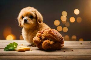 een klein hond zittend De volgende naar een stuk van kip. ai-gegenereerd foto