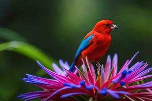 een kleurrijk vogel zit Aan top van een bloem. ai-gegenereerd foto