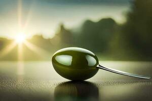 een groen olijf- Aan een houten tafel met de zon in de achtergrond. ai-gegenereerd foto