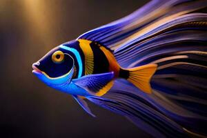 een vis met blauw en geel strepen. ai-gegenereerd foto