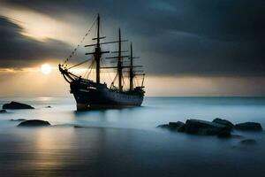 een het zeilen schip in de oceaan Bij zonsondergang. ai-gegenereerd foto