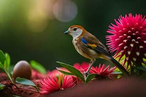 een vogel is zittend Aan top van sommige bloemen. ai-gegenereerd foto