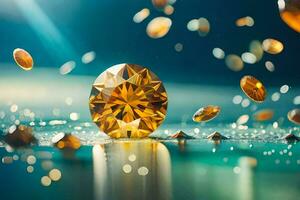 een diamant omringd door goud munten. ai-gegenereerd foto