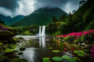 de waterval is omringd door water lelies en bloemen. ai-gegenereerd foto