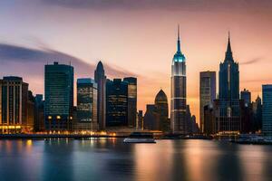 de nieuw york horizon Bij zonsondergang. ai-gegenereerd foto