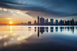 de zon stijgt over- de stad horizon in deze foto. ai-gegenereerd foto